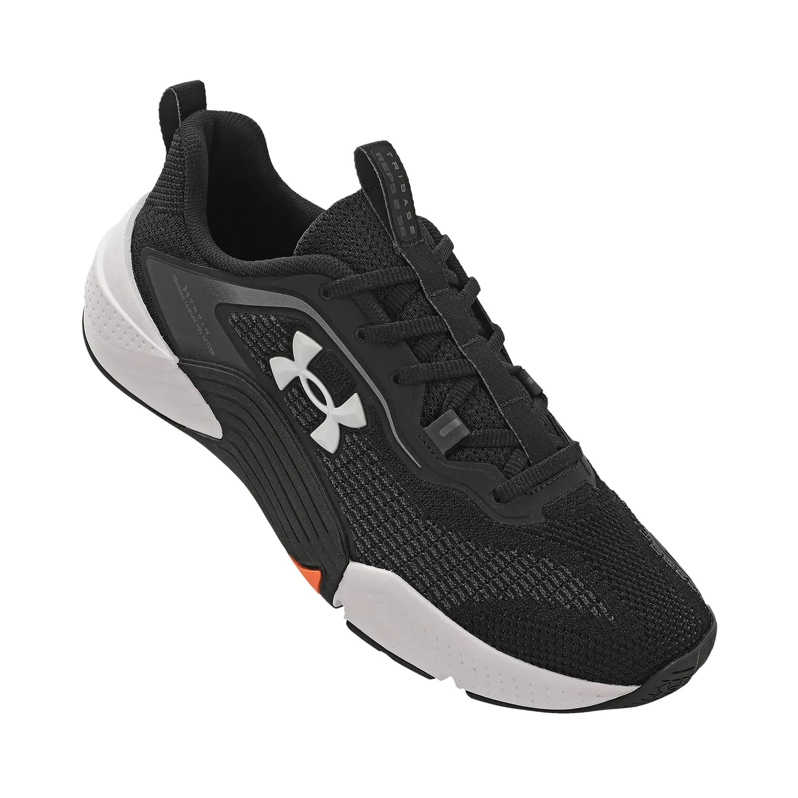 Vista superior do tênis Under Armour Tribase Reps 2 masculino preto com detalhes em branco e laranja.